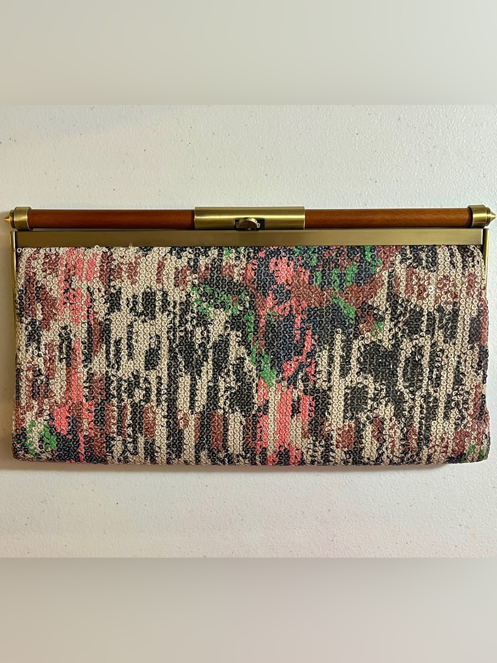 Rachel Rachel Roy Sequin Floral Clutch Wood Handle Evening Bag